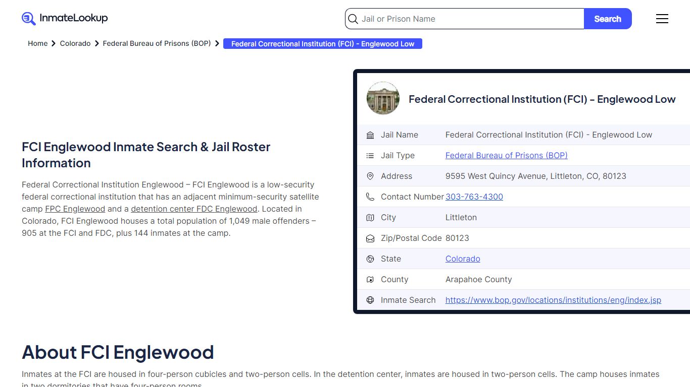 FCI Englewood Inmate Search & Jail Roster Information - Prison Insight